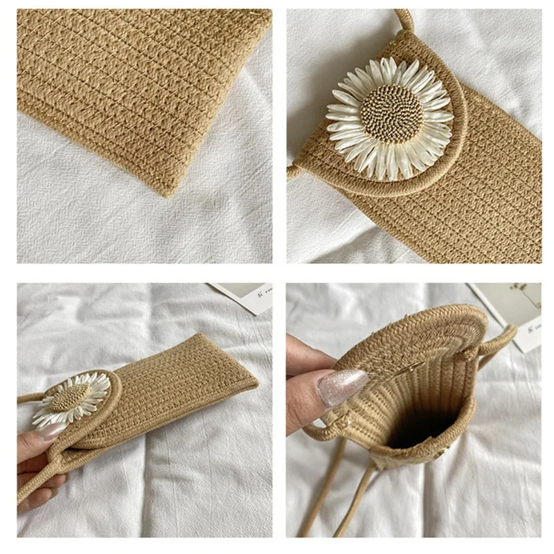 Women Small Straw Bag Holiday Beach Mobile Phone Storage Shoulder Bag - Sunflower 2 / Multi-color
