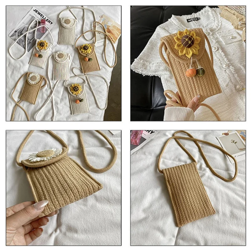 Women Small Straw Bag Holiday Beach Mobile Phone Storage Shoulder Bag - Sunflower 2 / Multi-color