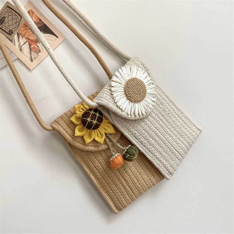 Women Small Straw Bag Holiday Beach Mobile Phone Storage Shoulder Bag - Sunflower 2 / Multi-color