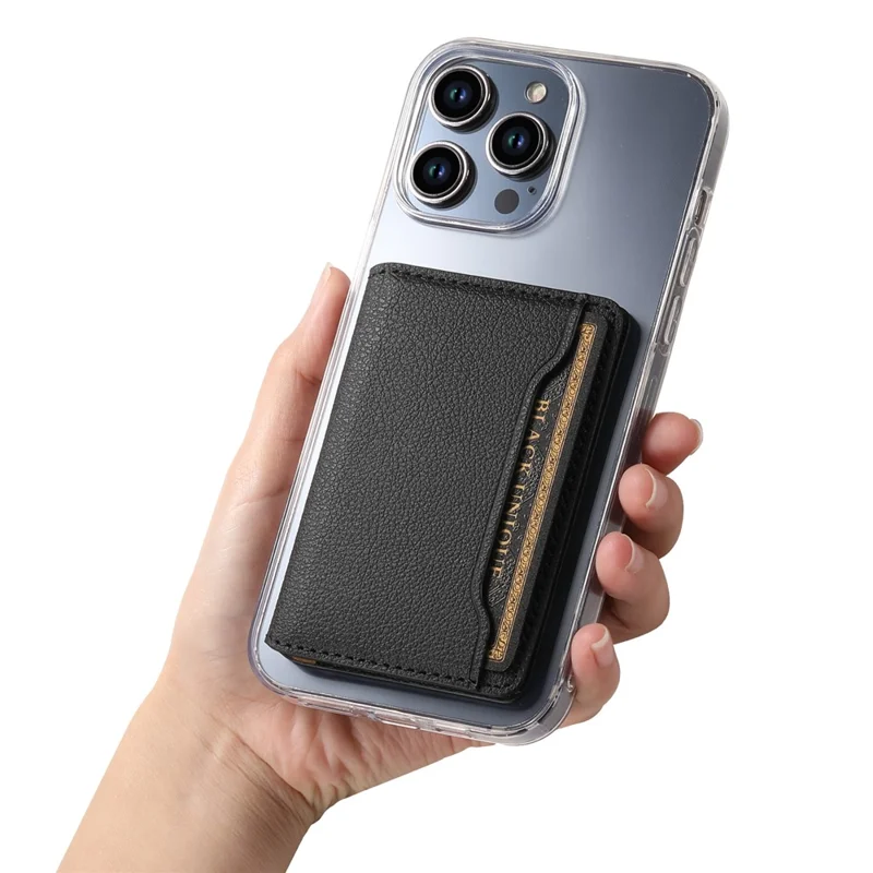 Porte-cartes en cuir PU aspect veau, support téléphone avec adhésif - Noir