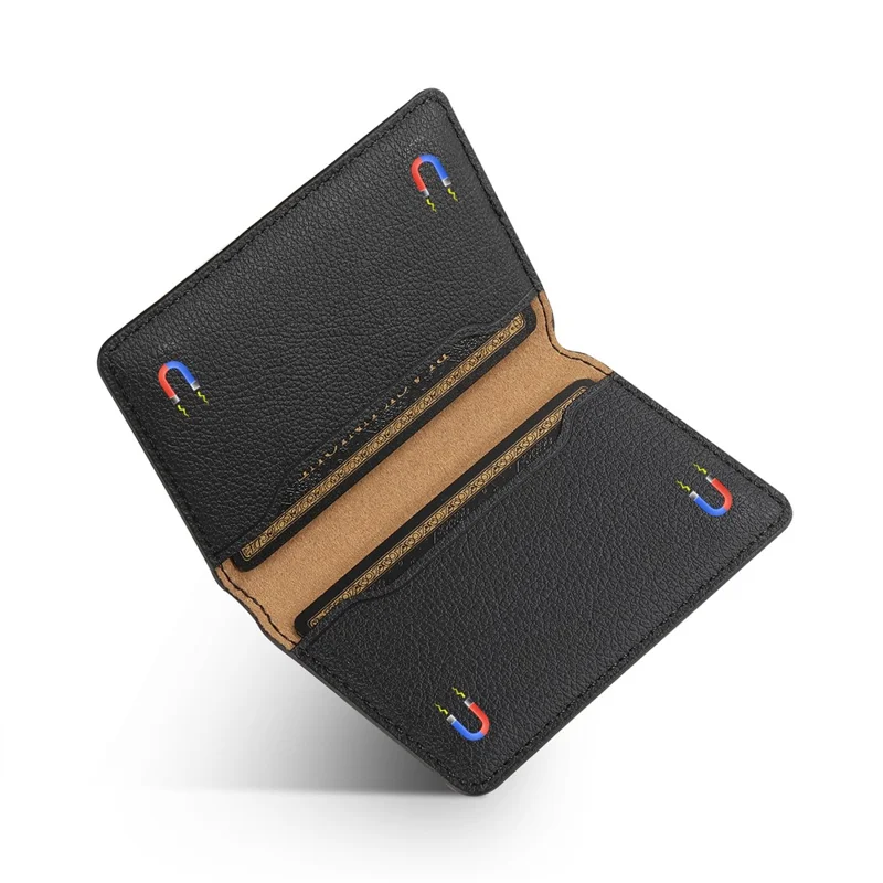 Porte-cartes en cuir PU aspect veau, support téléphone avec adhésif - Noir