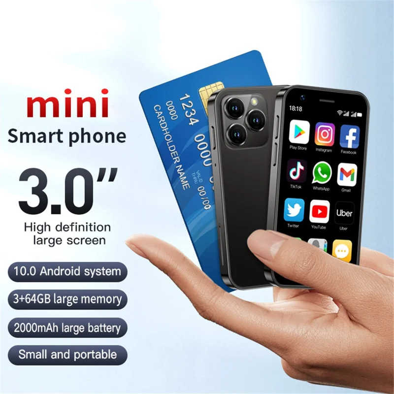 SOYES XS16 3 Inch 4G Mini Smartphone Android 10 5MP Dual SIM Cellphone, 2+16GB - Black