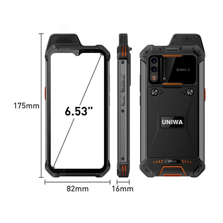 Uniwa W888 Smartphone 4G de 6,3 Pouces 4 + 64 go IP68 Téléphone Imperméable hd + IPS Interphone Mobile Phone - Orange / Plug