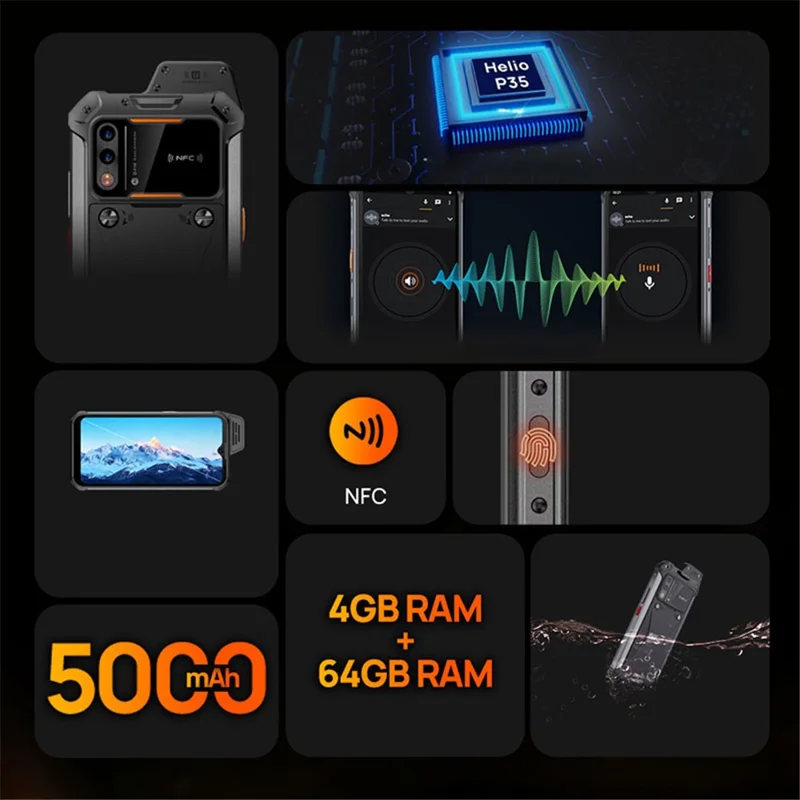 UNIWA W888 6.3-inch 4G Smartphone 4+64GB IP68 Waterproof Phone HD+ IPS Intercom Mobile Phone - Black  /  US Plug
