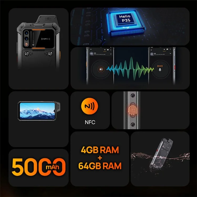 UNIWA W888 6.3-inch Phone 4+64GB IP68 Waterproof 4G Smartphone FHD+ IPS Intercom Mobile Phone - Orange  /  UK Plug