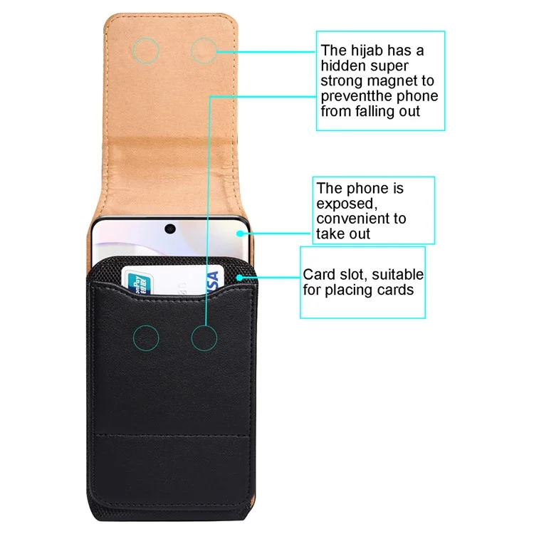 Funda para teléfono de 7.2 pulgadas de piel de PU con ranura para tarjeta y correa para la cintura (modelo vertical) - Negro