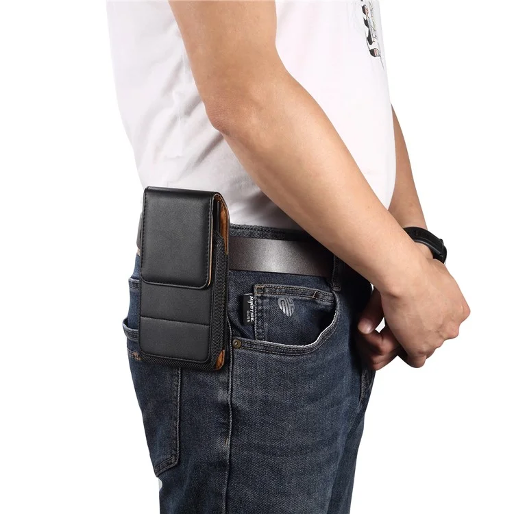 Funda para teléfono de 7.2 pulgadas de piel de PU con ranura para tarjeta y correa para la cintura (modelo vertical) - Negro