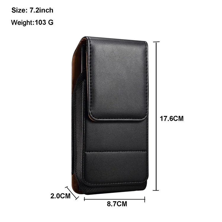 Funda para teléfono de 7.2 pulgadas de piel de PU con ranura para tarjeta y correa para la cintura (modelo vertical) - Negro