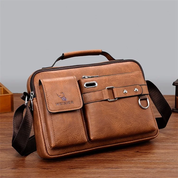 Welxier D234 PU Leather Messer's Messen's Messager Bag Sac à Sacrécasseur Case de Sacrelle Avec Trou D'écouteur - Brun Clair