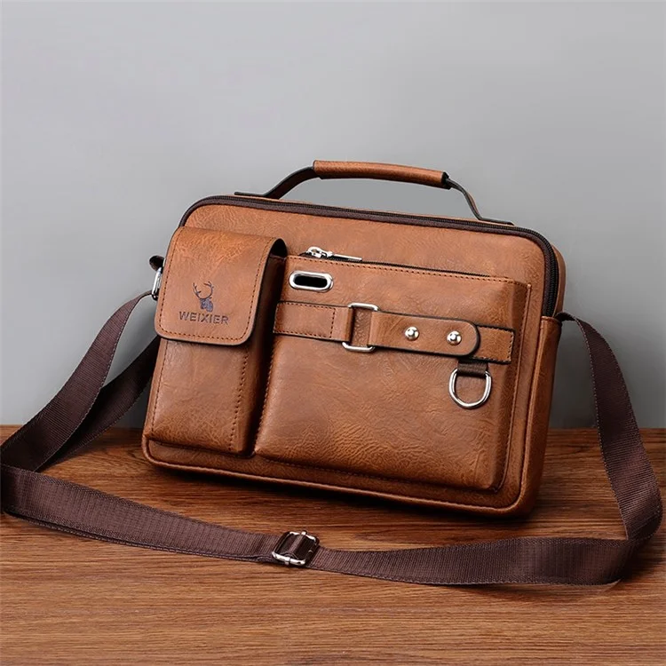 WEIXIER  D234 PU Leather Men's Messenger Bag Shoulder Bag Satchel Briefcase with Earphone Hole - Light Brown
