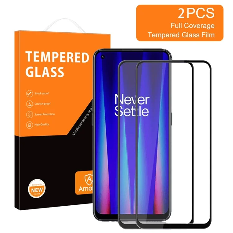 AMORUS 2Peças / Pacote para OnePlus Nord CE 2 5G Seda Impressão Vidro Temperado Colagem Total Tamanho Total Película de Tela Secundária de Reforço - Preto