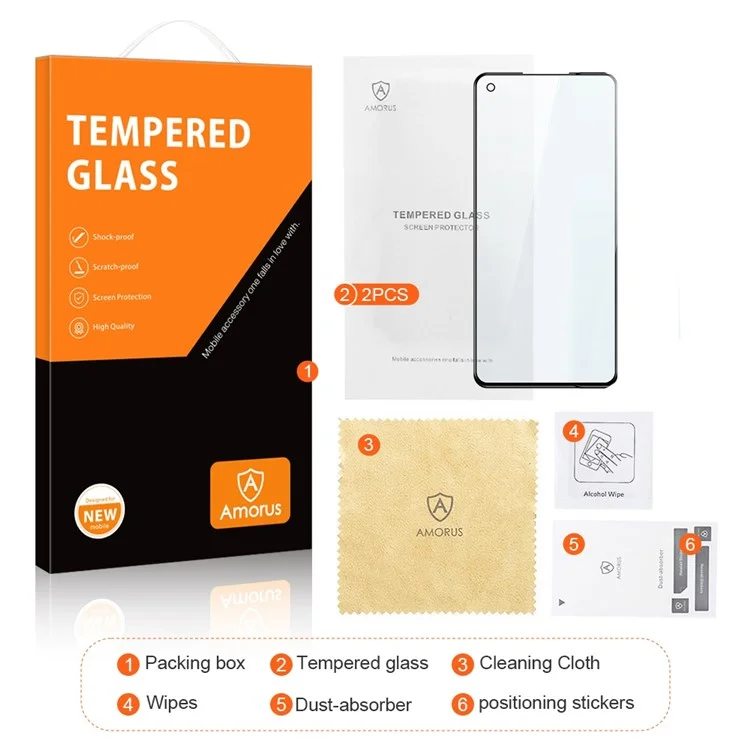 AMORUS 2Stück / Packung für OnePlus Nord 2T 5G / Nord / Nord 2 5G / Nord CE 5G Komplettabdeckung Hartglas Folie Komplett Klebstoff Seidendruck Sekundäre Verstärkung Bildschirmschutz - Schwarz