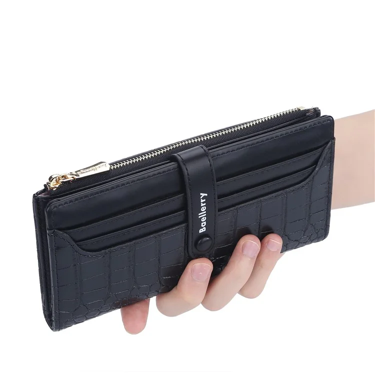 BAELLERRY N2369 Stylish PU Leather Stone Texture Clutch Bag Women Wallet Snap Button Zipper Cards Cash Holder Purse - Black