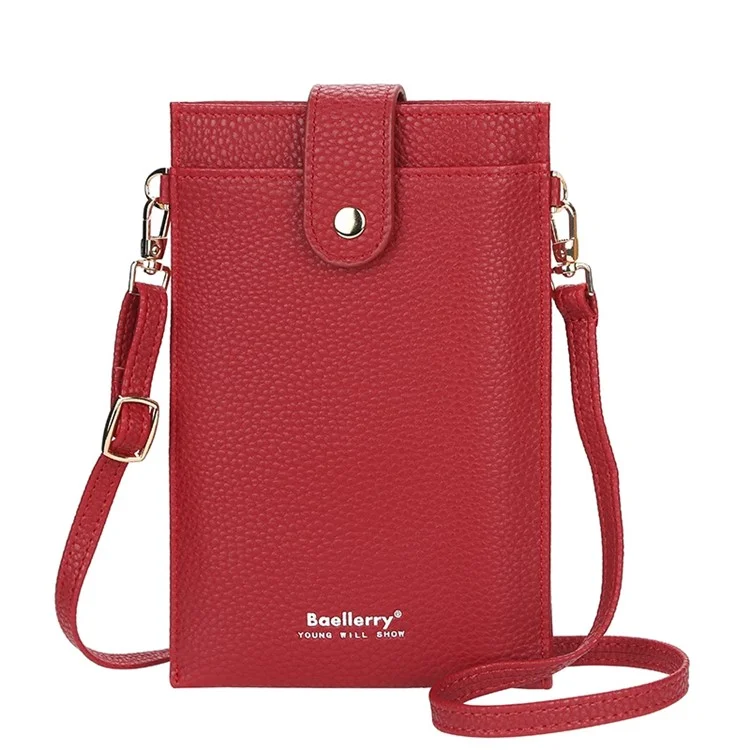BAELLERRY N8609 Pochette Téléphone en Cuir PU avec Bouton Pression et Fermeture Éclair Poches - Rouge