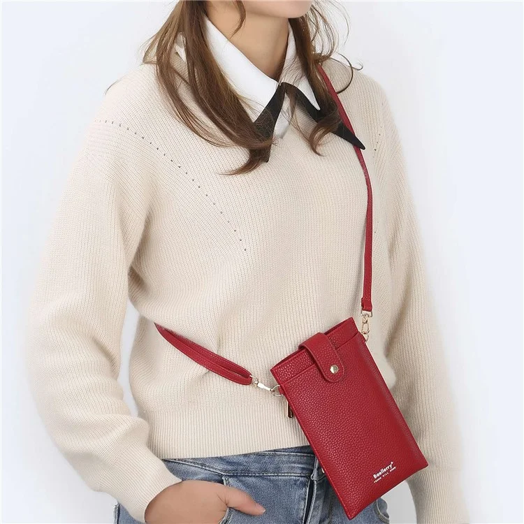 BAELLERRY N8609 Pochette Téléphone en Cuir PU avec Bouton Pression et Fermeture Éclair Poches - Rouge