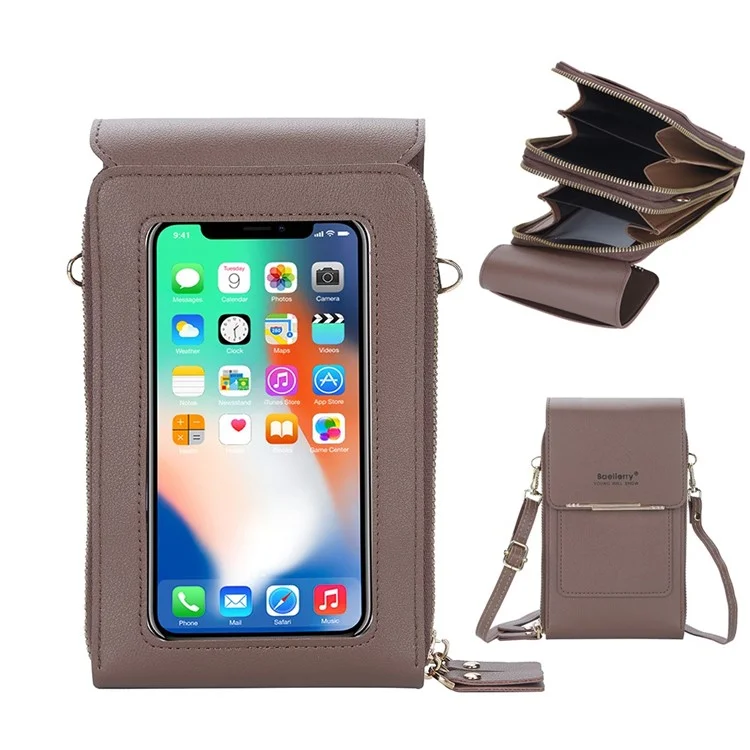 BAELLERRY N2371 PU Leather Snap Button Dual Layer Zipper Pocket Phone Touch Screen Pouch Women Crossbody Bag - Coffee