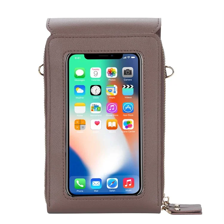 BAELLERRY N2371 PU Leather Snap Button Dual Layer Zipper Pocket Phone Touch Screen Pouch Women Crossbody Bag - Coffee