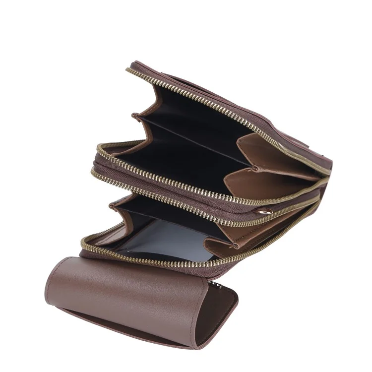 BAELLERRY N2371 PU Leather Snap Button Dual Layer Zipper Pocket Phone Touch Screen Pouch Women Crossbody Bag - Coffee