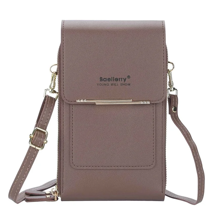 BAELLERRY N2371 PU Leather Snap Button Dual Layer Zipper Pocket Phone Touch Screen Pouch Women Crossbody Bag - Coffee