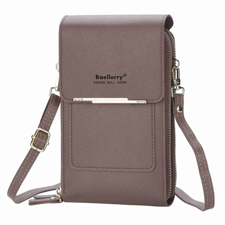 BAELLERRY N2371 PU Leather Snap Button Dual Layer Zipper Pocket Phone Touch Screen Pouch Women Crossbody Bag - Coffee
