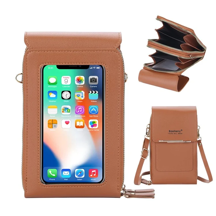 BAELLERRY N2371 PU Leather Snap Button Dual Layer Zipper Pocket Phone Touch Screen Pouch Women Crossbody Bag - Brown