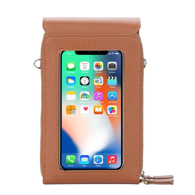 BAELLERRY N2371 PU Leather Snap Button Dual Layer Zipper Pocket Phone Touch Screen Pouch Women Crossbody Bag - Brown