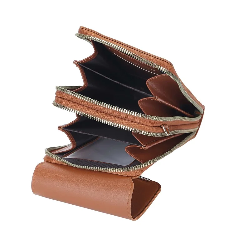 BAELLERRY N2371 PU Leather Snap Button Dual Layer Zipper Pocket Phone Touch Screen Pouch Women Crossbody Bag - Brown