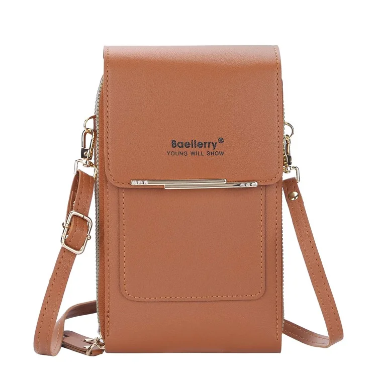 BAELLERRY N2371 PU Leather Snap Button Dual Layer Zipper Pocket Phone Touch Screen Pouch Women Crossbody Bag - Brown