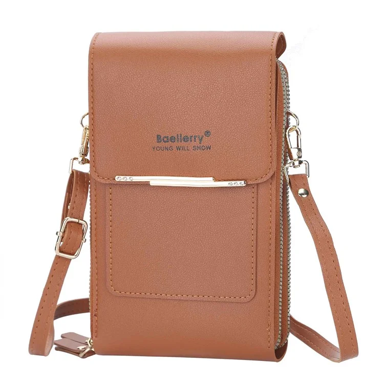 BAELLERRY N2371 PU Leather Snap Button Dual Layer Zipper Pocket Phone Touch Screen Pouch Women Crossbody Bag - Brown