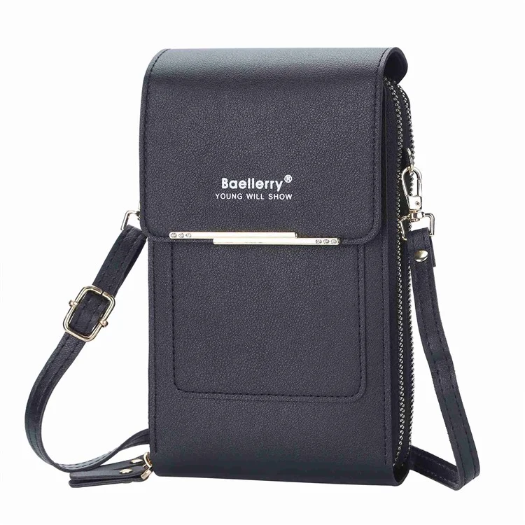 BAELLERRY N2371 PU Leather Snap Button Dual Layer Zipper Pocket Phone Touch Screen Pouch Women Crossbody Bag - Black