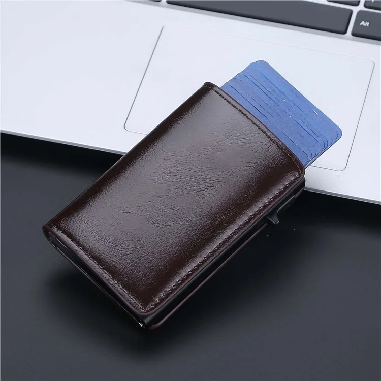 BAELLERRY K9178 Carta di credito con pulsante laterale RFID Blocking Porta carte di credito in pelle PU + lega di alluminio - Caffè