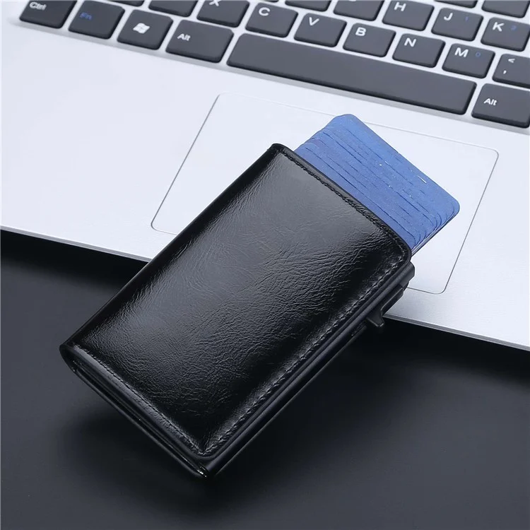 BAELLERRY K9178 Side Push Button Design RFID Blocking Card Holder PU Leather + Aluminum Alloy Men Credit Card Storage Bag - Black