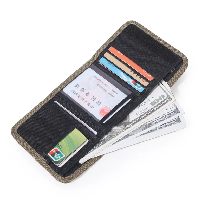 JEMINAL 21511# Men Trifold Wallet Magic Tape Closure Canvas Coin Purse Card Holder with Belt Ring - Black