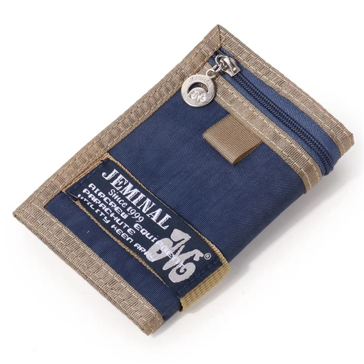 JEMINAL 21508# Magic Tape Closure Trifold Canvas Outdoor Sports Wallet Coin Purse with Zipper Pocket for Boys - Dark Blue