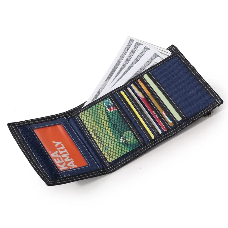 JEMINAL 1005 Vintage Men Tri-fold Wallet Casual Canvas Purse Cards Money Holder with Strap - Black