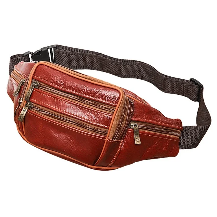 Large Cowhide Leather Waist Pack Zipper Pocket Design Fanny Belt Bag for Daily Use Travel Hiking - Light Brown