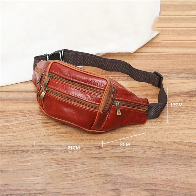 Large Cowhide Leather Waist Pack Zipper Pocket Design Fanny Belt Bag for Daily Use Travel Hiking - Light Brown