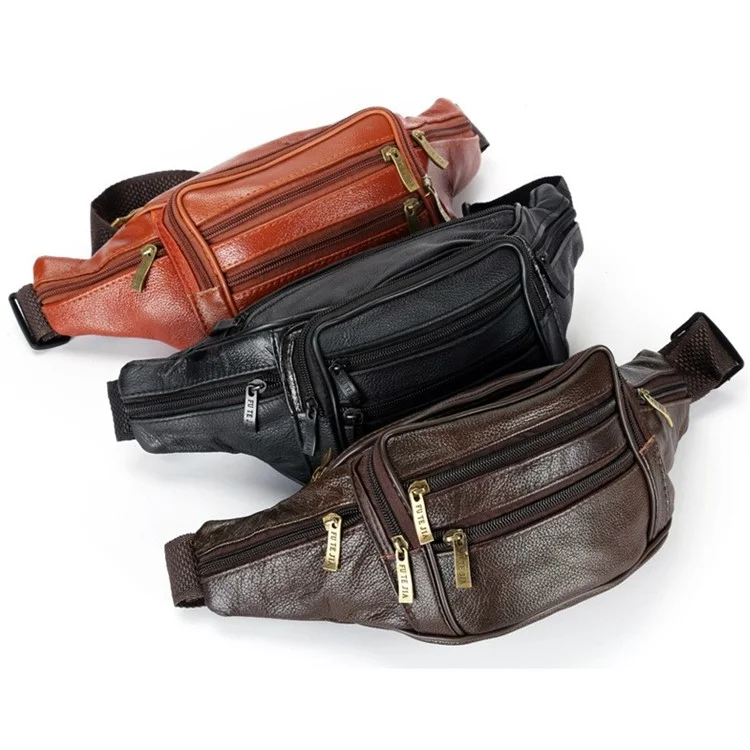 Large Cowhide Leather Waist Pack Zipper Pocket Design Fanny Belt Bag for Daily Use Travel Hiking - Light Brown