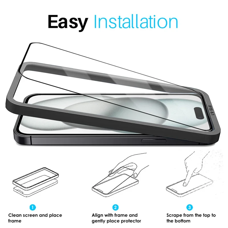 NORTHJO 2Pcs A+ For iPhone 15 Screen Protector 0.3mm High Aluminum-Silicon Glass Film with Alignment Frame