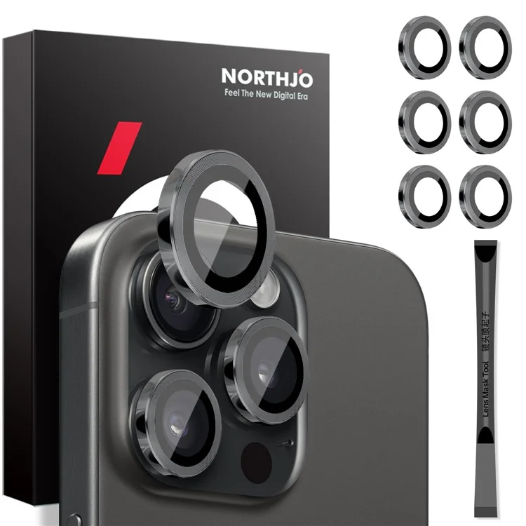 NORTHJO 2 Sets for iPhone 14 Pro / 14 Pro Max / 15 Pro / 15 Pro Max Tempered Glass Lens Protector CD Veins Metal Ring Lens Guard - Black