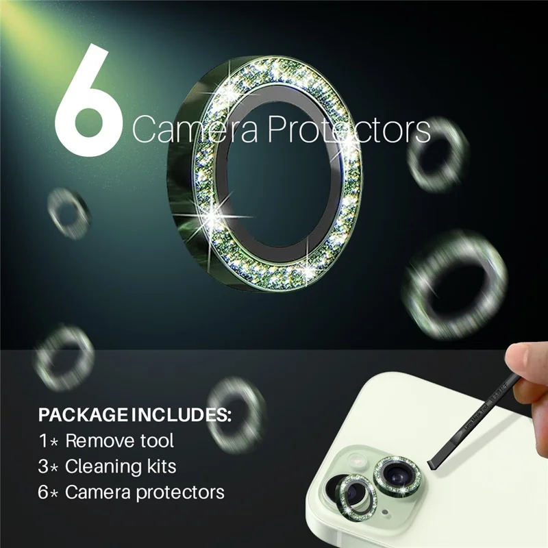 NORTHJO 3 jeux pour iPhone 15 / 15 Plus / 14 / 14 Plus Protecteur d'objectif Glitter Metal Ring Tempered Glass Lens Film - Vert