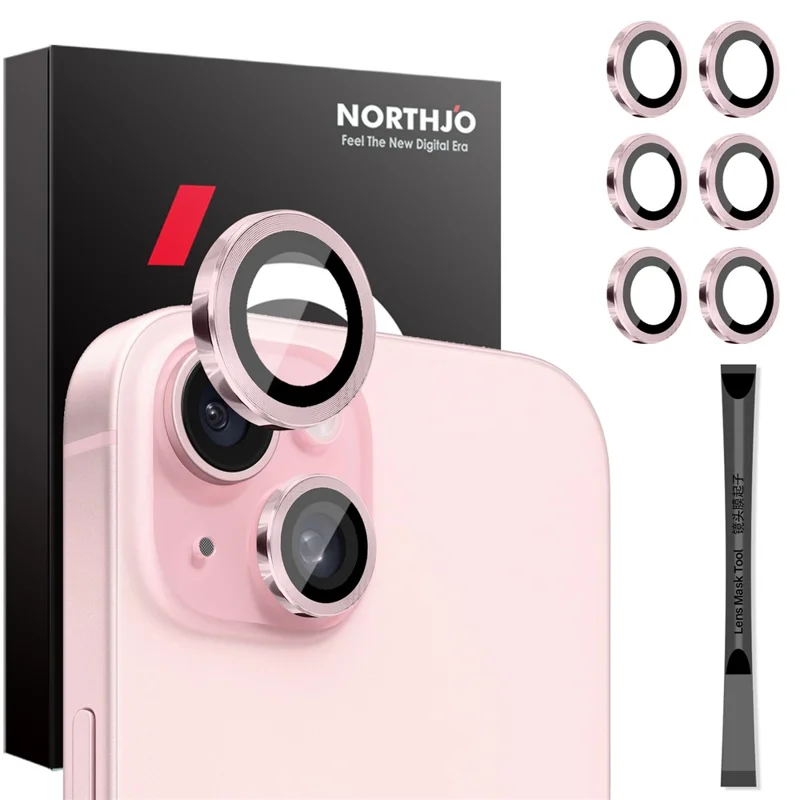 NORTHJO 3 Sets für iPhone 15 / 15 Plus / 14 / 14 Plus Tempered Glass Lens Protector CD Veins Metal Ring Lens Film - Pink