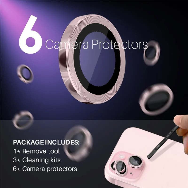 NORTHJO 3 Sets für iPhone 15 / 15 Plus / 14 / 14 Plus Tempered Glass Lens Protector CD Veins Metal Ring Lens Film - Pink