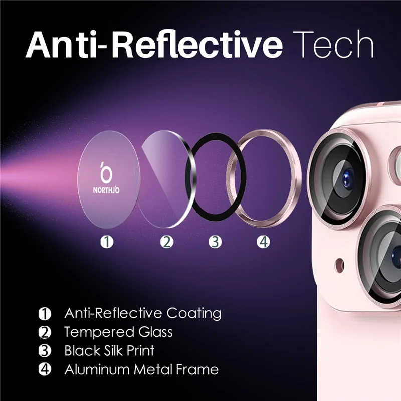 NORTHJO 3 Sets für iPhone 15 / 15 Plus / 14 / 14 Plus Tempered Glass Lens Protector CD Veins Metal Ring Lens Film - Pink