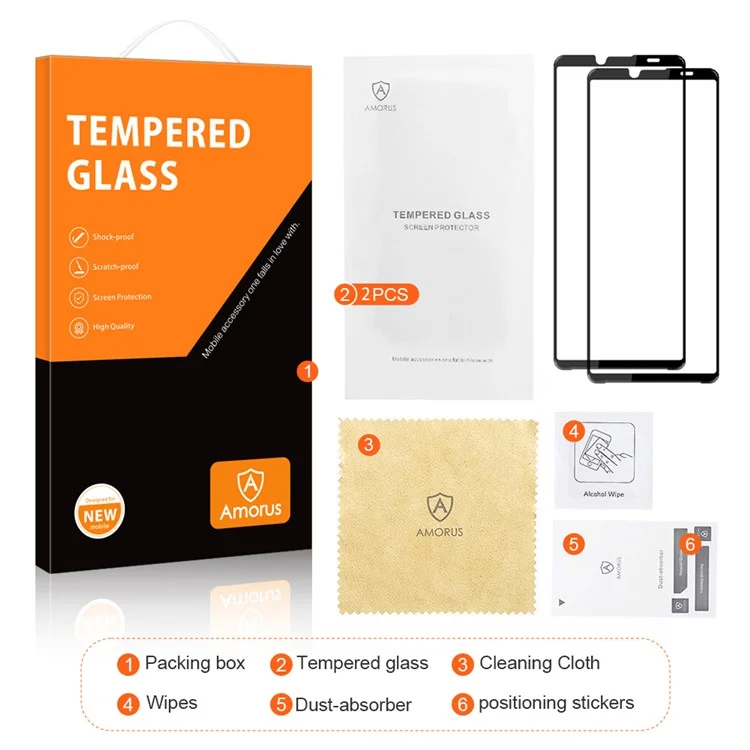 AMORUS 2Pcs For Sony Xperia 10 VI Screen Protector Tempered Glass Film Full-Coverage, Silk Printing - Black