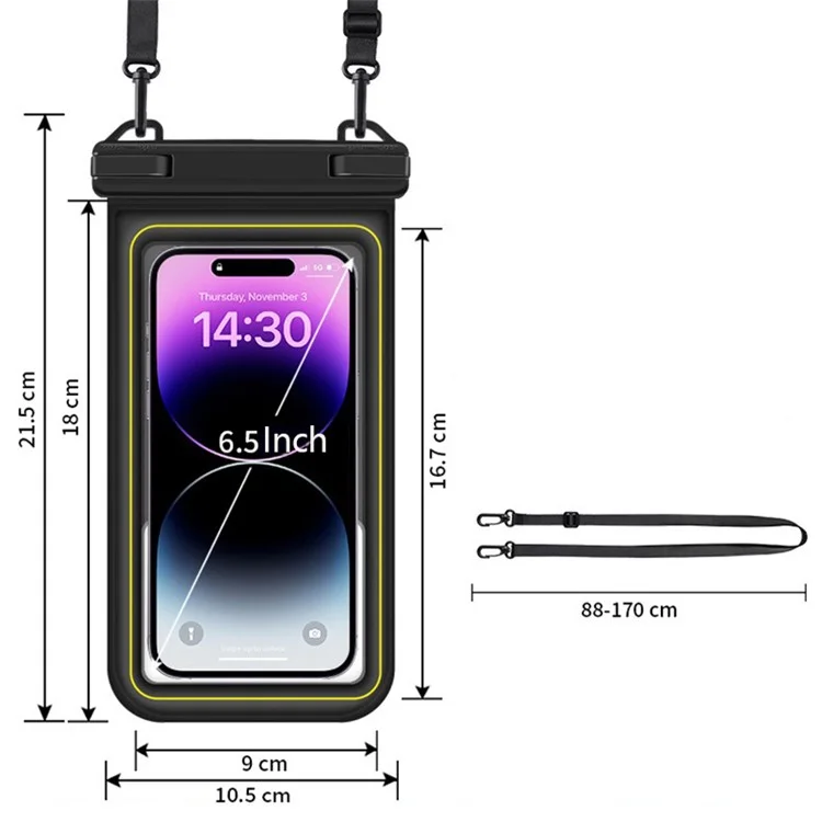 IP68 Waterproof Case for 6.5-inch Phone Touch Screen Floating Dry Bag Phone Pouch for Swimming - Black