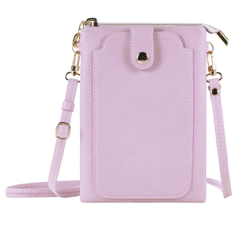 Litchi Texture Zipper Mobile Phone Bag Universal Dual Layer Cell Phone Pouch with Adjustable Shoulder Strap - Pink