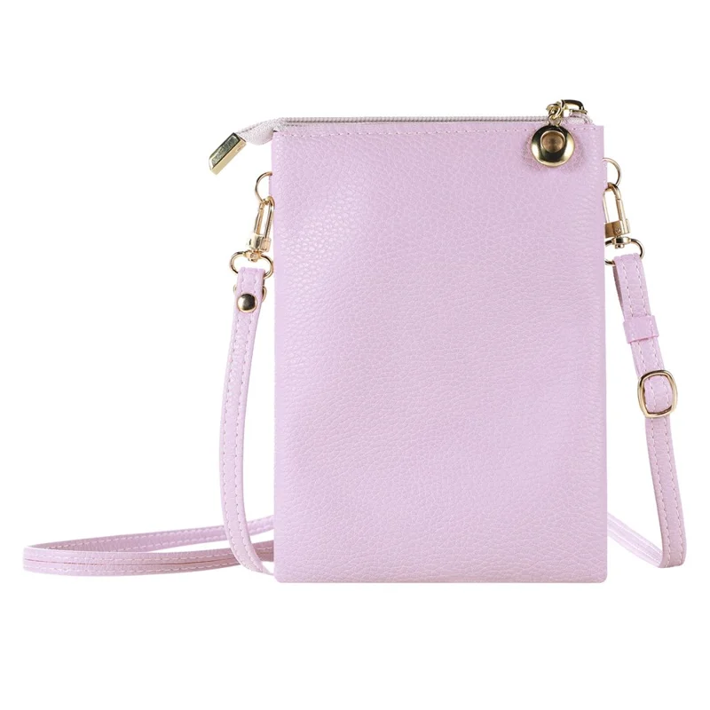 Litchi Texture Zipper Mobile Phone Bag Universal Dual Layer Cell Phone Pouch with Adjustable Shoulder Strap - Pink