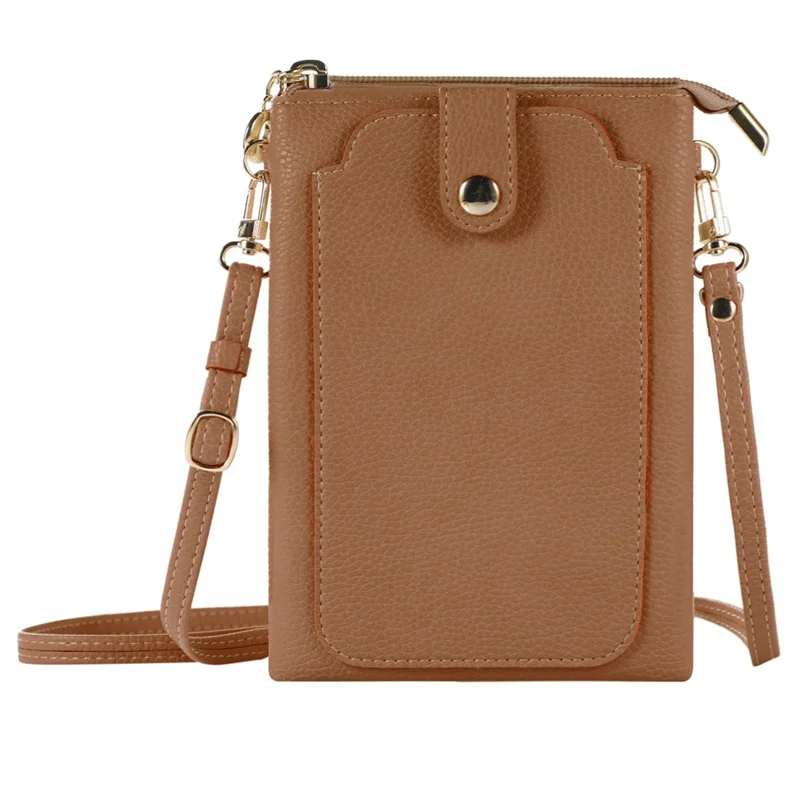Litchi Texture Zipper Mobile Phone Bag Universal Dual Layer Cell Phone Pouch with Adjustable Shoulder Strap - Brown