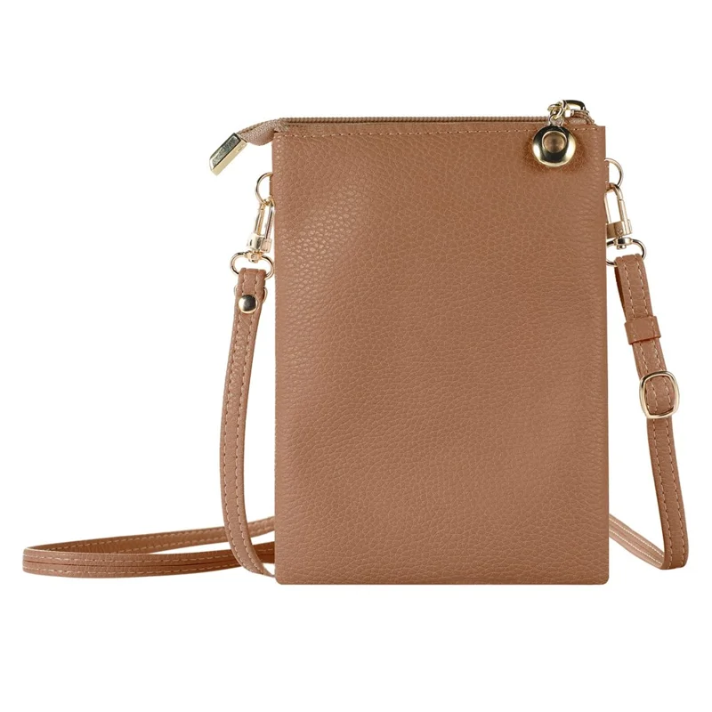 Litchi Texture Zipper Mobile Phone Bag Universal Dual Layer Cell Phone Pouch with Adjustable Shoulder Strap - Brown
